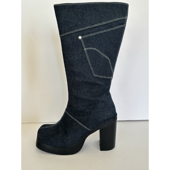Ellemenno Y2K Chunky Platform Bratz Denim Boot Square Toe Heels Women's Size 7 - Picture 1 of 16